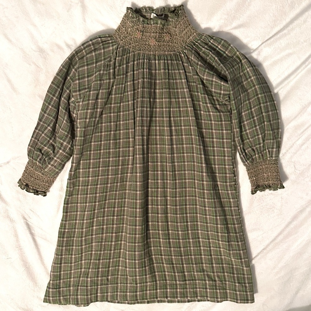 Bebe Organic Green Tartan Plaid Juliette Embroidery Smocked Collar Dress 10 Girl